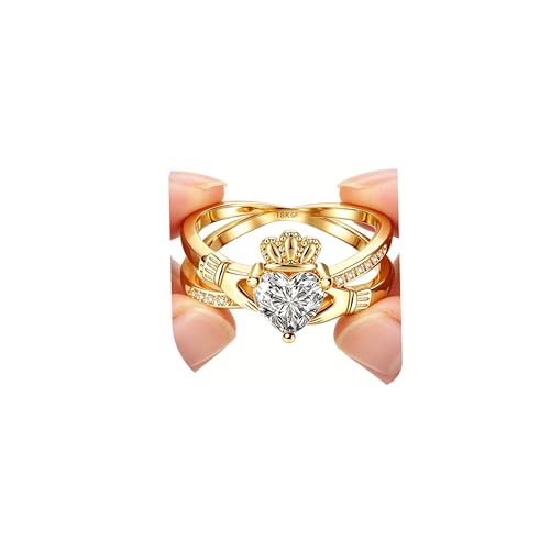 Gold Claddagh Ring for Women 18K Gold Irish Ring For Women Non Tarnish Ring For Women Promise Ring with 6.5mm Heart Simulated Diamond Engagement Proposal Ring (G1 7)