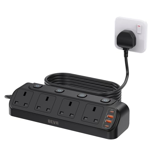 Desk Extension Lead with 4 USB Slots BEVA 4 Way Surge Protected Plug Extension with PD20W USB C Charger Individual Switches Mountable Desktop Power Socket with 1.8M Cable - Black