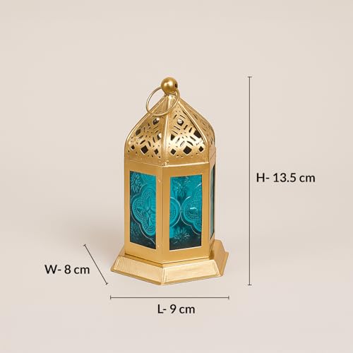 Image of MARKET 99 Moroccan Lantern Candle Holder | Metal & Glass Tealight Lantern | Golden & Blue Decorative Lamp | Home Decor for Living Room, Table & Dinner Setup | (Use LED T-Light only)