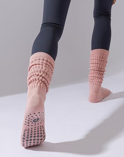 Image of Yawlsow Pilates Socks with Grips for Women Yoga Ruffle Grippy Non Slip Long Slouchy Scrunch Socks for Barre Workout Hospital