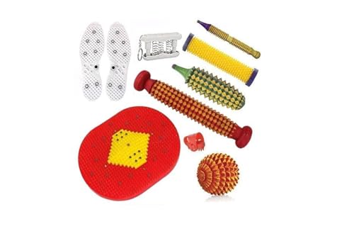 Image of Massager & Therapy Tools Combo Kit for Stress and Pain Relief | Natural Care with Bio-Magnetic Power Foot Mat & Shoe Sole Foot Roller | Pyramidal Cuts, Karela Manual Massager (Multicolor)