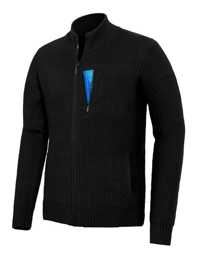 Pioneer Camp Cárdigan de punto para hombre con cremallera, liso, cálido, informal, cuello alto, chaqueta de punto con 3 bolsillos, Negro , M