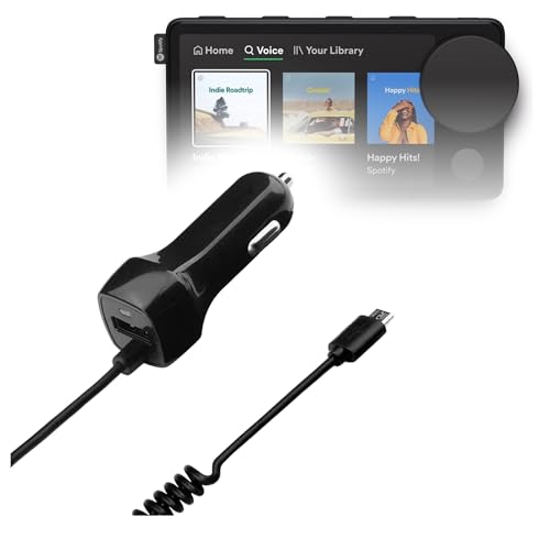 BoxWave Car Charger Compatible with Spotify Car Thing - Car Charger Plus with Extra USB Port and Integrated Built-in Cable - Black