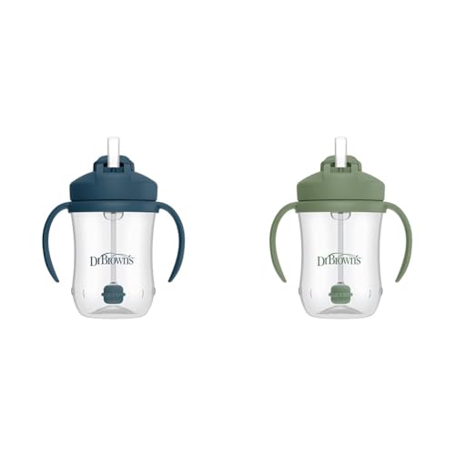 Image of Dr. Brown's Milestones Baby's First Straw Cup, Training Cup with Weighted Straw, 9 oz/270 mL, BPA-free, 6m+, Dark Blue/Olive Green, 2-Pack