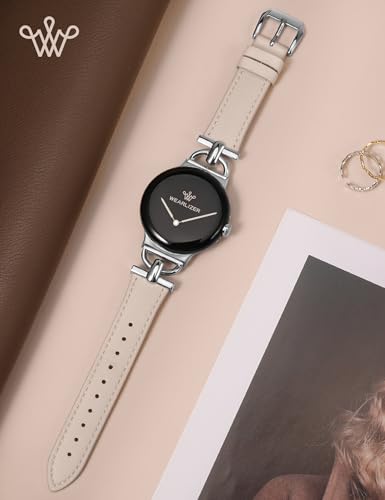 Image of Wearlizer Leather Bands Compatible with Google Pixel Watch 4 /3 41mm /Pixel Watch 2 /1 Band Women, Dressy Designer Slim Leather Strap with D-Shape Metal Buckle for Pixel Smartwatch Accessories