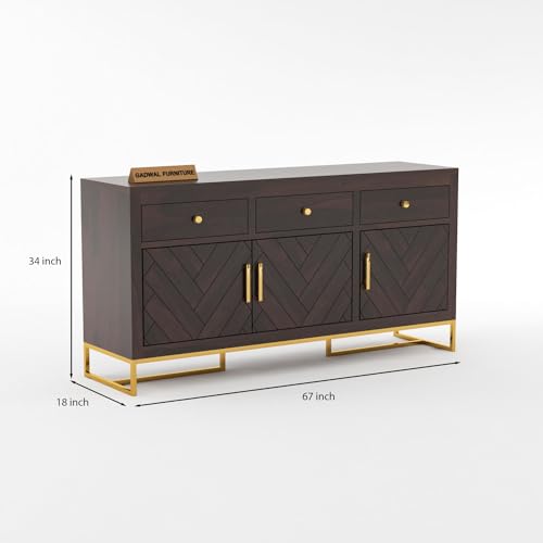 Image of Solid Sheesham Wooden Sideboard Cabinet with 3 Drawer & 3 Shelves - Chest of Drawers Wooden Drawer Storage Cabinet for Bedroom Living Room Storage (Walnut Finish)