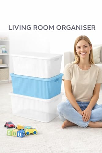 Image of Plastic Storage Box with Lid - Large Stackable Organizer Storage Box for Clothes, Toys, Kitchen - Big Size Plastic Storage Container Basket for Home, Office, Bathroom(Large,3pcs,MultiColor)