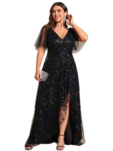 Ever-Pretty Women's Open Back A Line Sequin Embroidered Ruffle Sleeves Curvy High Low Plus Size Prom Dress Black-1 US20