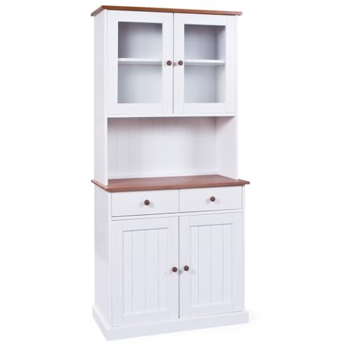 C L'AFFAIRE Buffet vaisselier 4 Portes 2 tiroirs Bois Massif Vernis Blanc et Sepia - SORAN