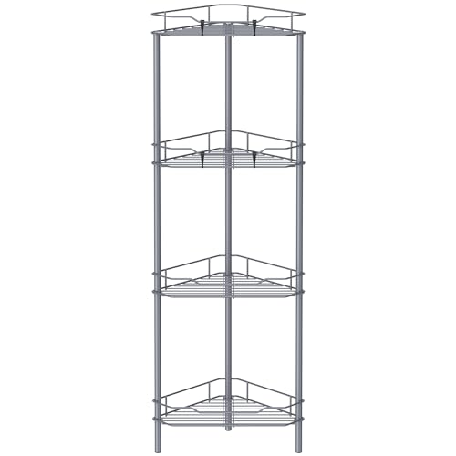 Image of HuggieGems 4 Tier Floor Standing Corner Shower Caddy Organizer Shelf with Hooks, Bathroom Shelves Stand Rack, Dark Gray