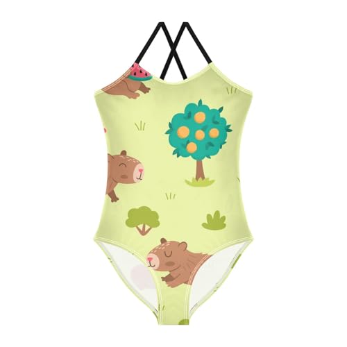 Girls One Piece Swimsuits Capybara with Tangerine Tree Pattern Sport Halter Swimwear Beach Bathing Suit, 5-6T