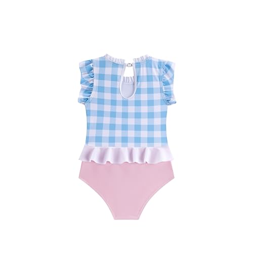 Image of LIZENS Girls' Swimwear One Piece Scoop Neck Ruffle Sleeveless Blue Plaid Beach Bathing Suit for Kids
