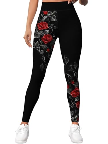 PAGYMO Printed Floral Rose Leggings for Women Patterned Cute Crazy