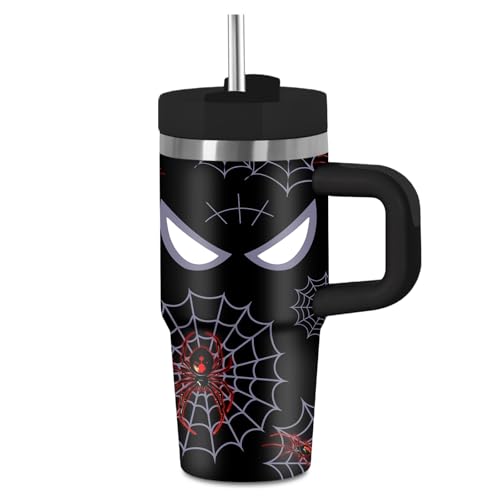 Spider Gifts for Boy Men, Black Spider Tumbler with Handle and Straw for Kids 14 oz, Spiders Webs Stuff Travel Mug, Stainless Steel Insulated Cup Gifts for Halloween Birthday