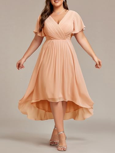 Image of Ever-Pretty Plus Summer Short Sleeves V-Neck Formal Wedding Guest Dresses for Curvy Women Chiffon Midi Cocktail Party Dress