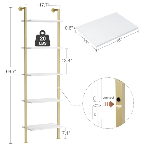 Acovy 5-Tier Bookshelf Solid Wood Ladder Shelf, Narrow Book Shelf Display Shelf, Wooden Bookcase, Wall Mount Ladder Shelf, Storage Rack for Living Room, Bedroom, Bathroom, White and Gold