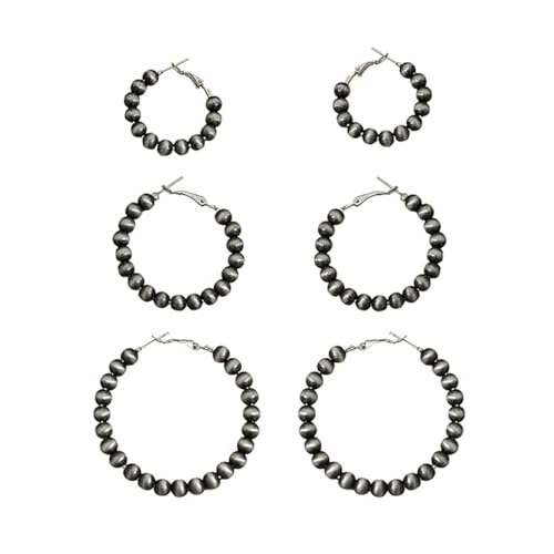 Dreuyet 3 Pairs Western Navajo Hoop Pearl Earrings for Women Vintage Cowgirl Beaded Pearl Earrings Tribe Western Bohemian