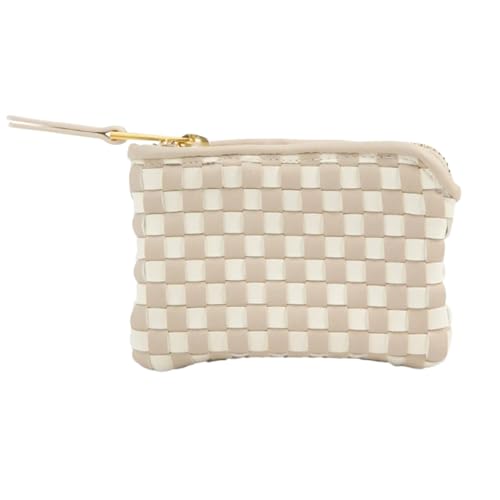 FAWN DESIGN The Woven Wallet, Faux Leather Womens Wallet with ID and Credit Card Holder, Minimalist Woven Clutch Wallet Women, Zipper Wallet with Wristlet Strap, 6.75 x 4 x 1 inches, Beige and White