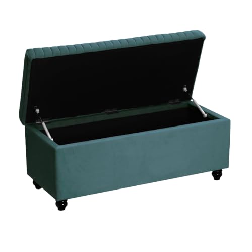 Image of 2 Seater Upholstered Ottoman Bench with Storage Settee Sofa Couch Button Tufted Pouffe for Living Room Bedroom Office (Osean Green)