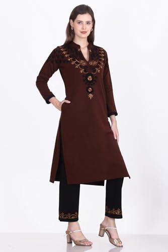 Image of Rosary Women's Woolen Winter Embroidered Kurta with Palazzo | Warm Ethnic Suit Set - 2 Piece Outfit
