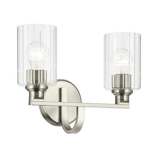 Image of Kichler Gioe 14.25 inch 2-Light Bathroom Vanity Light Fixture with Clear Fluted Glass in Brushed Nickel, Damp Rated for Bathroom Over Mirror (14.25 inch W x 10.5 inch H), 55225NIFLU