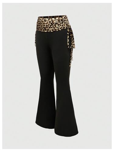 Image of RoseSeek Women's 2 Piece Outfits Rhinestone Leopard Tube Tops & Side Drawstring Bell Bottoms Y2k Outfit