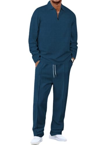 Image of Jawdrobe Men's Waffle-Check Co-Ord Set | Self-Textured Collar Top | Drawstring Jogger Pants | Cotton-Blend Loungewear /Night-Suit | Casual Travel & Streetwear Two-Piece