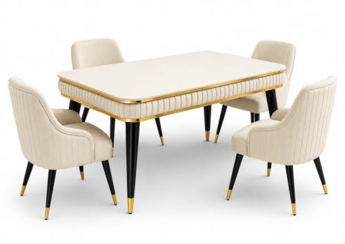 Image of WOODEN SPACE 4 Seater Wooden Dining Table Set | Urban Marble Top Dining Table with Chairs for Dining Room & Kitchen (Modern Zyro Beige) (54 x 36 x 30 inch)