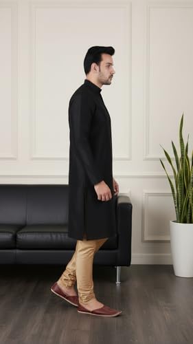 Image of Sadree Men's Silk Blend Mandrin Collor Full Sleeve Knee Length Indian Kurta Chudidar Pyjama Set