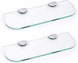6 mm dickes gehärtetes Glas Set mit zwei Glasregalen mit gebogenen Ecken, 6 mm dick, gehärtetes Glas, klar, für Badezimmer, Küche, Schlafzimmer, 300 mm x 100 mm, mit großen verchromten Halterungen