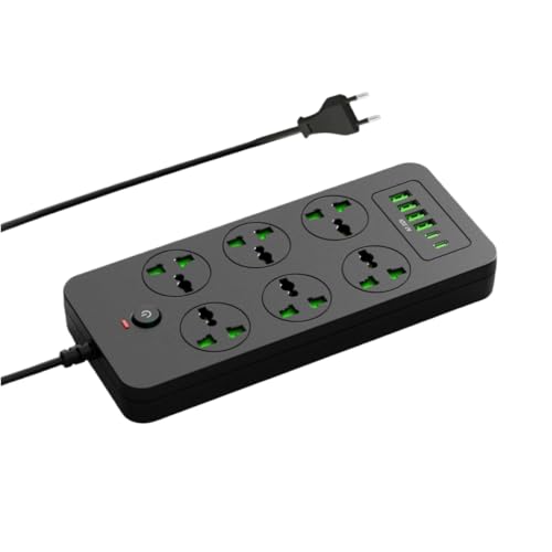 XYZCREAT Power Strip with 6 Universal Outlets 4 USB 2 USB C Ports 3.1A Overload Protection 3000w 110-240v International Power Adapter for Home Office Travel Essentials EU Plug Black