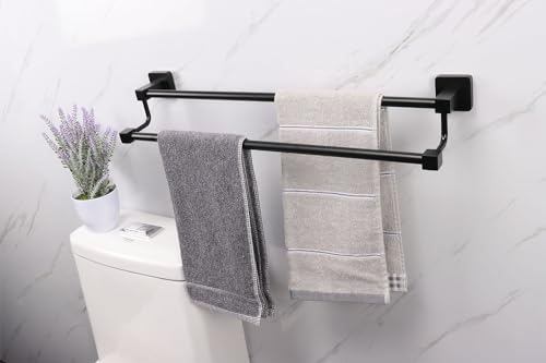 TocTen Double Bath Towel Bar - Thicken SUS304 Stainless Steel Towel Rack for Bathroom, Bathroom Accessories Double Towel Rod Heavy Duty Wall Mounted Square Towel Holder (Matte Black,24 INCH)