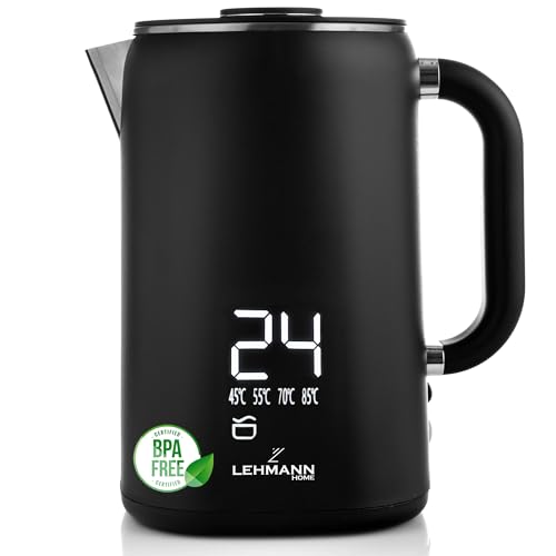 LEHMANN Hervidor Agua Electrico, 1,7 Litros, Hervidor de Agua con Regulador de Temperatura, Función de Mantenimiento del Calor, Calentamiento Rápido, Base de 360°, Pantalla Táctil LED, Negro Mate
