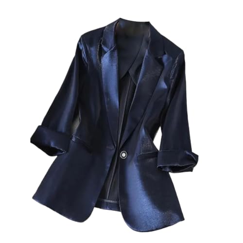 Satin Office Lady Loose Blazer Jacket Women Autumn Three Quarter Sleeves Solid Casual Female Suit Coat