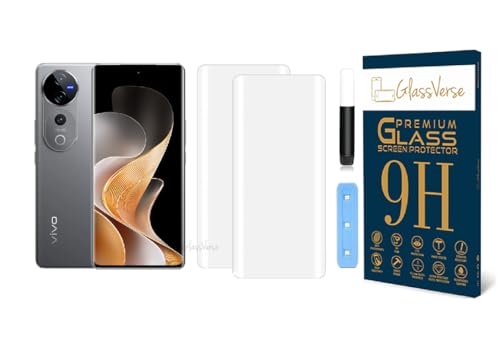Image of GlassVerse Vivo V40 Pro UV Tempered Glass Screen Protector. Pack Of 2 | 3D Curved Edge | 9H Hardness | Full UV Glue with UV Light | Anti-Scratch | Case Friendly | HD Clear. (6.78 Inches)