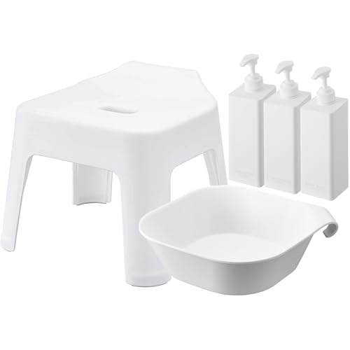 山崎実業(Yamazaki) 引っ掛け風呂イス 座面高25cm + マグネット&引っ掛け湯おけ Lサイズ + たっぷり洗剤が出るマグネットディスペンサーボトル 3本セット 【5点セット】 ホワイト タワー tower 5383 1562 1532 1534