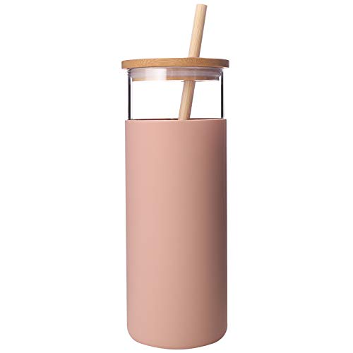 Diller Glass Tumbler with Straw 16oz Glass Water Bottle with Silicone Protective Sleeve Bamboo Lid - BPA Free Amber