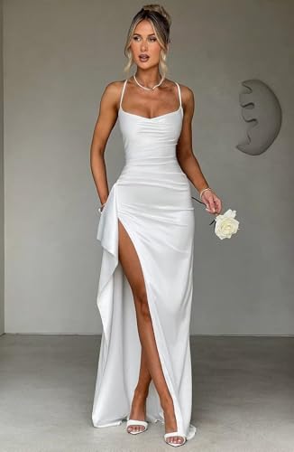 Women's Spaghetti Straps Prom Dresses 2025 Satin Pleated Mermaid Formal Evening Gowns with Slit2