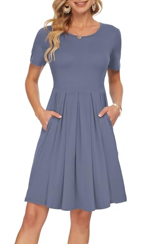 Image of AUSELILY Women's Short Sleeve Pleated Swing Summer Dress with Pockets | Knee-length short sleeve dress, empire waist & pockets, ideal for casual daily wear and vacation
