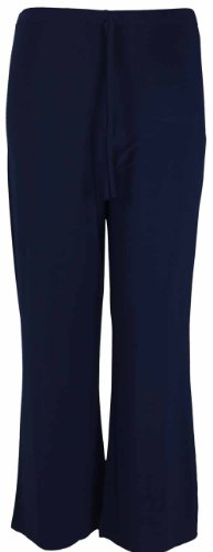 Image of New Womens Plain Wide Leg Casual Trousers Ladies Stretch Fit Tie Trim Palazzo Pants Plus Size Navy Blue Size 26 - 28