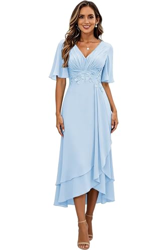 Image of Lace Applique Mother of Bride Dresses Chiffon Mother of the Groom Dresses Tea Length Formal Evening Dress with Sleeve