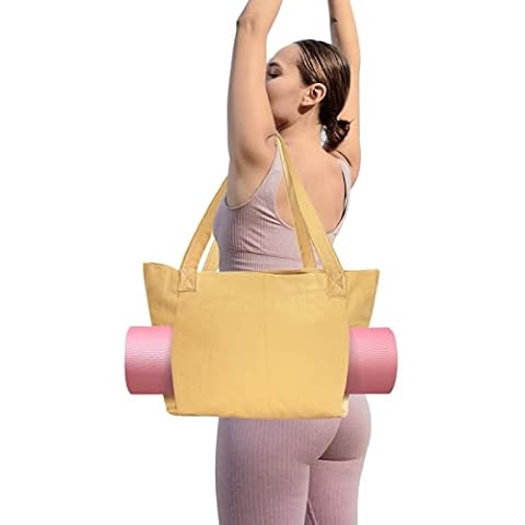 SMFANLIN Yoga Pilates Mat Bag, Basic Canvas Yoga Tote Carrier Shoulder Bag Carryall Tote for Office Yoga Pilates Travel Beach and Gym (Apricot) Cover