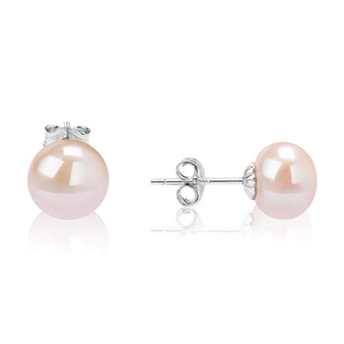 LIZOL Sterling Silver AAA+ Quality Handpicked Freshwater Cultured Stud Pink Pearl Earrings for Women (S925 rhodium plated silver, 7.0-7.5mm)