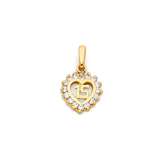 14K Yellow Gold Sweet 15 Years Quinceanera Heart Cubic Zirconia CZ Charm Pendant with 1.2mm Figaro 3+1 Chain Necklace2