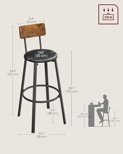 VASAGLE-Bar-Stools-Set-of-2-PU-Upholstered-Breakfast-Stools-297-Inches-Barstools-with-Back-and-Footrest-Simple-Assembly-for-Dining-Room-Kitchen-Counter-Bar-Rustic-Brown-and-Black-ULBC069B81 VASAGLE Bar Stools Set of 2 PU Upholstered Breakfast Stools 297 Inches Barstools with Back and Footrest Simple Assembly for Dining Room Kitchen Counter Bar Rustic Brown and Black ULBC069B81