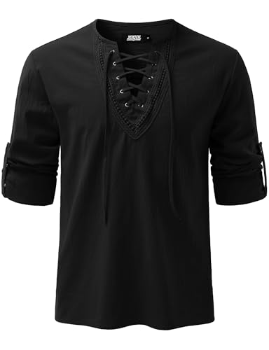 Image of JOGAL Mens Renaissance Shirt Medieval Pirate Viking Halloween Costume Gothic Steampunk Retro Long Sleeve Lace Up Shirts