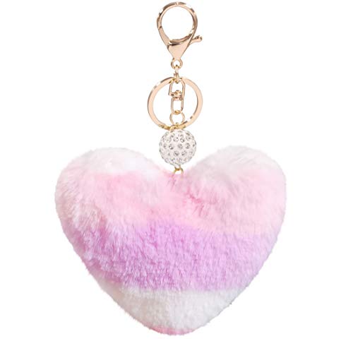 Image of Women's Heart Faux Fur Pom Pom Key Chains Bag Accessory Puffball Keyring Backpack Charms for Girls