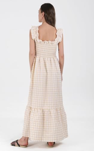 Women's Sleeveless Strap Retro Plaid A-Line Smocked Maxi Long Dress with Ruffled Hem4