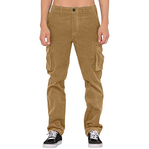 PAIDAXING Pantalones cargo de pana para dormitorio con hombre, estilo casual, sueltos, de cuatro estaciones, con múltiples bolsillos, para carpintería para hombre, caqui, 34-37