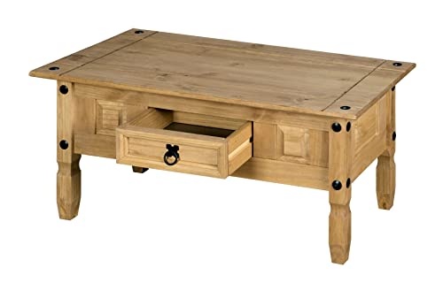Corona Coffee Table 1 Drawer, Mexican Waxed Pine Solid Wood